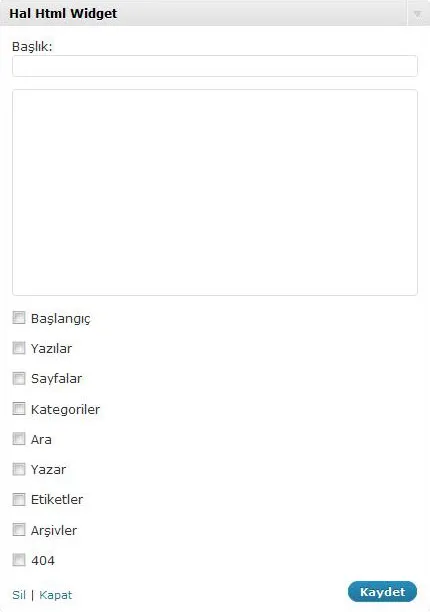 WordPress yönetim ekranındaki Hal HTML Widget bileşeni
